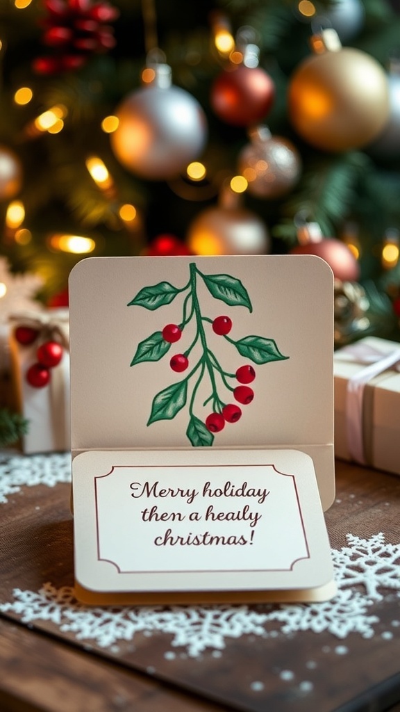 A handmade Christmas card with mistletoe design, showcasing a festive and warm holiday spirit.